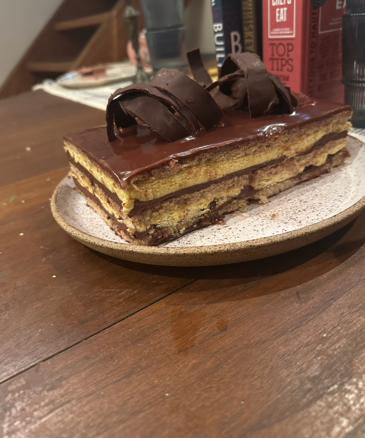 A much cleaner and neater opera cake, after the sides have been trimmed.